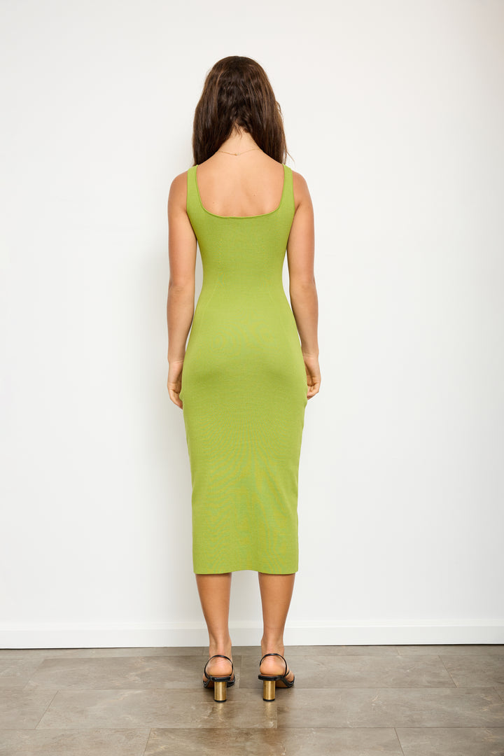SQUARE NECK V CUT KNIT MIDI DRESS