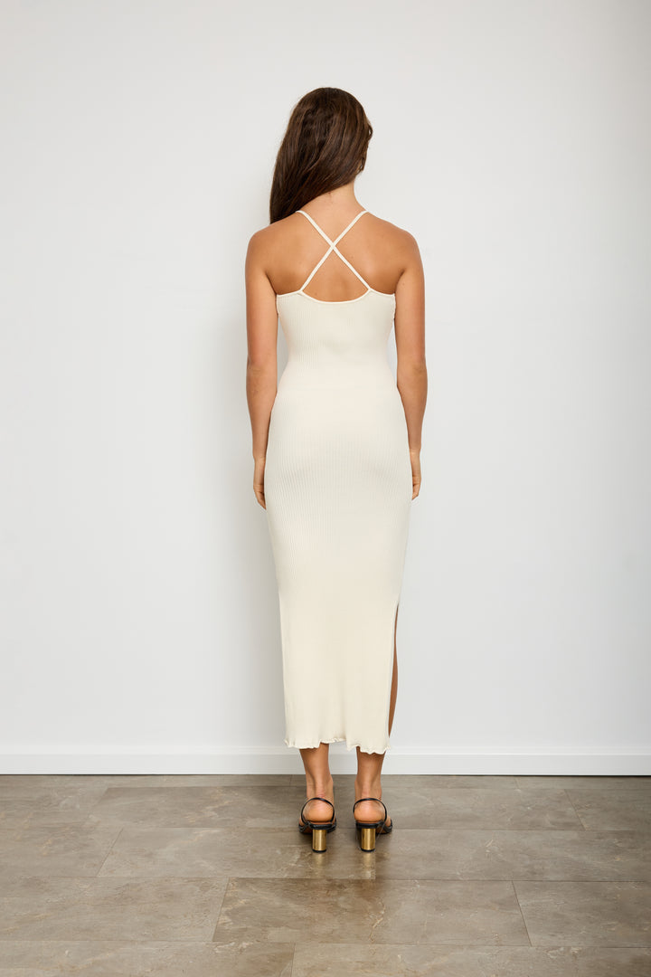 BOAT NECK OPEN BACK RIBBED MAXI KNIT DRESS