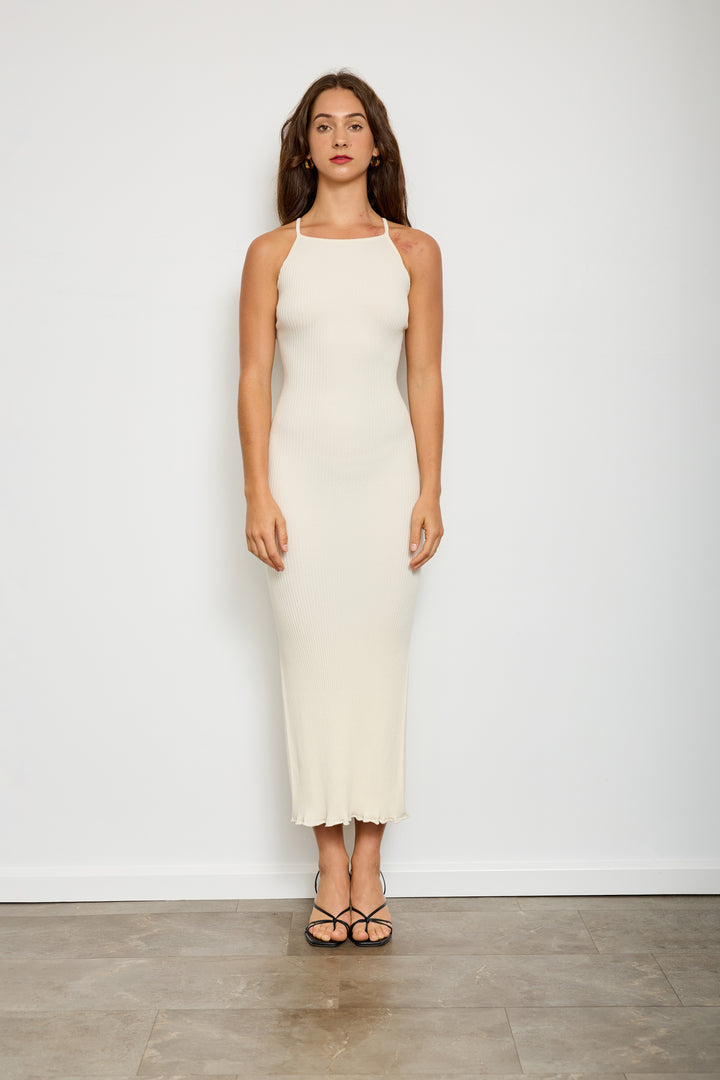 BOAT NECK OPEN BACK RIBBED MAXI KNIT DRESS