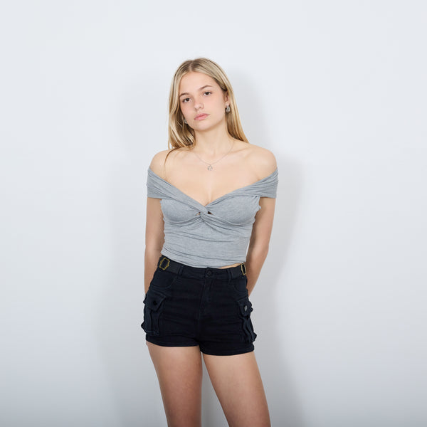 FRONT TWISTED OFF SHOULDER TOP SHIRT GREY
