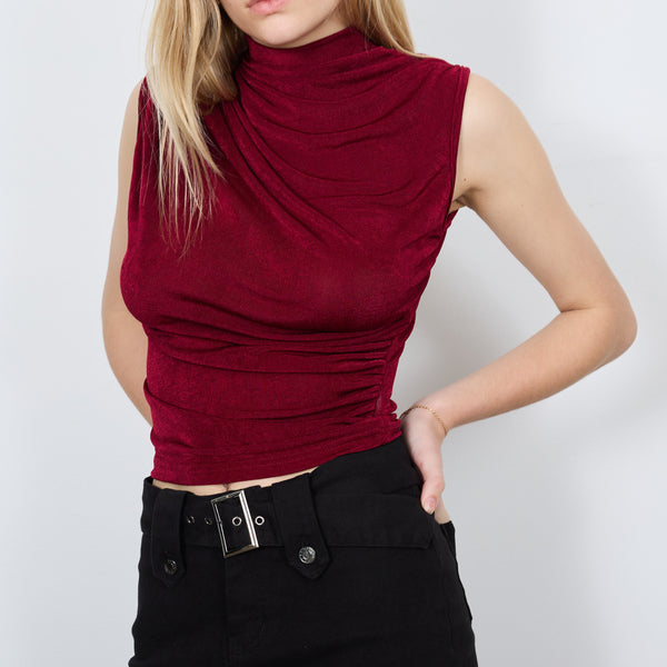 RUCHED NIGH NECK TOP BURGUNDY