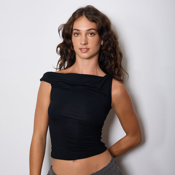 ONE SHOULDER OFF TOP BLACK