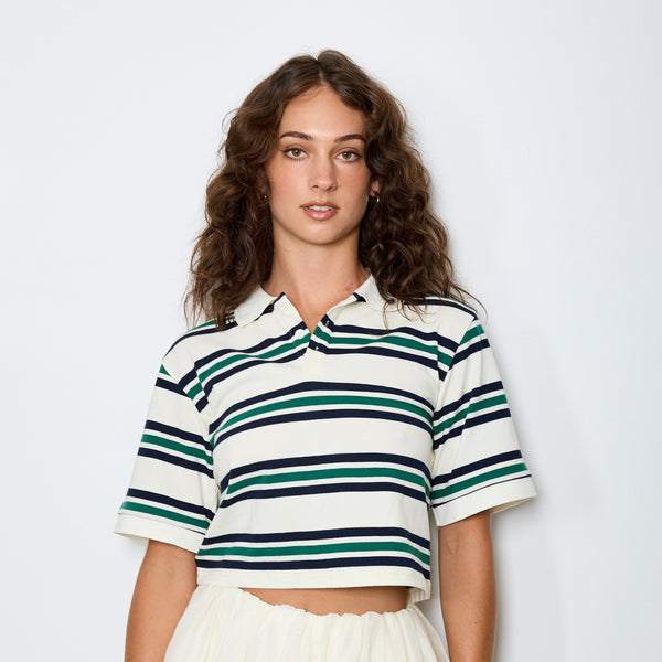 STRIPED OVERSIZED COLLARED T-SHIRT GREEN