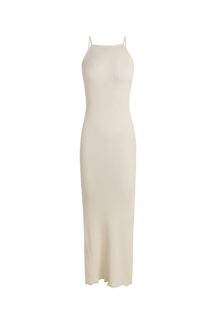 BOAT NECK OPEN BACK RIBBED MAXI KNIT DRESS