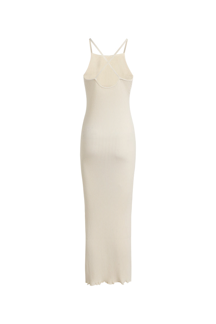 BOAT NECK OPEN BACK RIBBED MAXI KNIT DRESS