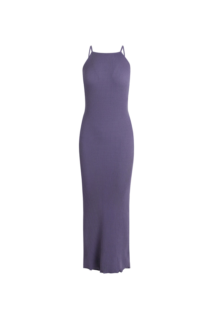 BOAT NECK OPEN BACK RIBBED MAXI KNIT DRESS