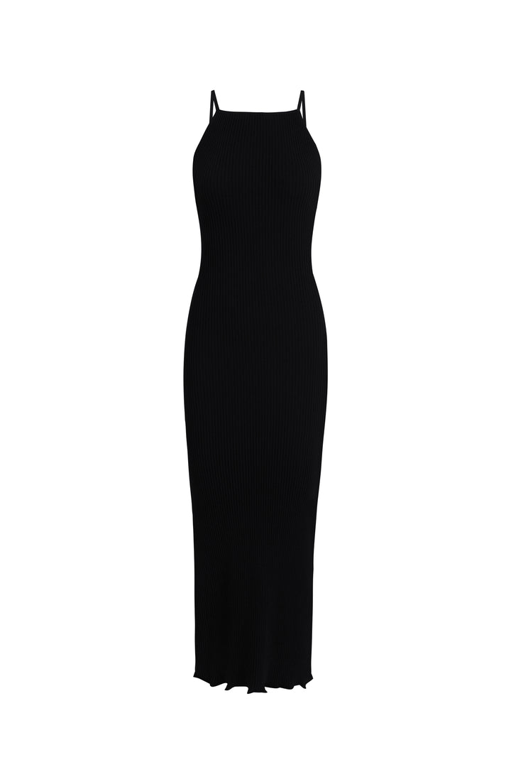 BOAT NECK OPEN BACK RIBBED MAXI KNIT DRESS