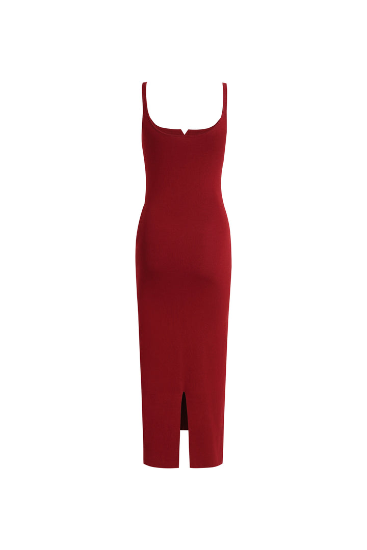 SQUARE NECK V CUT KNIT MIDI DRESS WITH THIN STRAPS