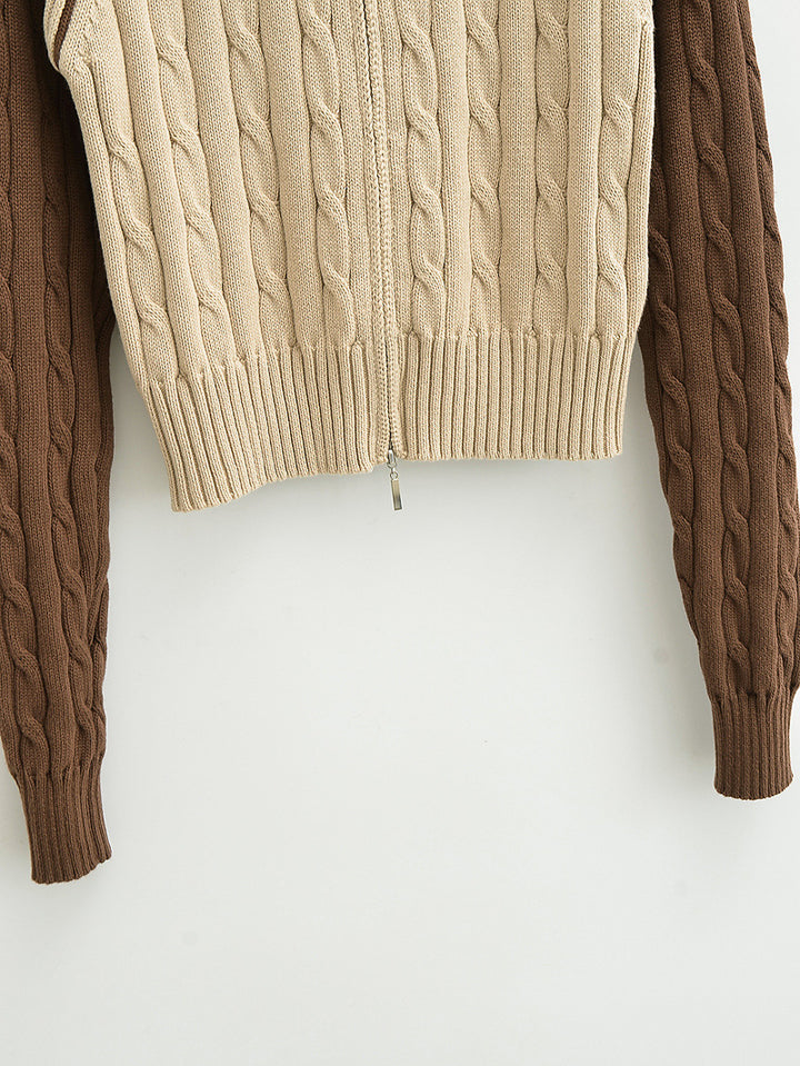 CONTRAST FRONT ZIPPER CABLE KINT CARDIGAN