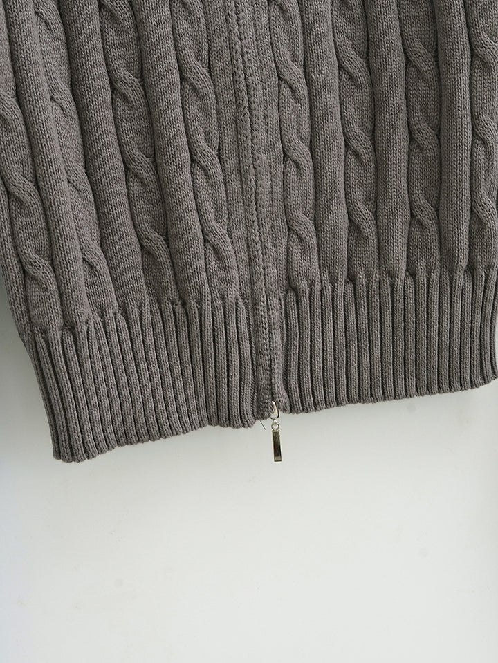 CONTRAST FRONT ZIPPER CABLE KINT CARDIGAN