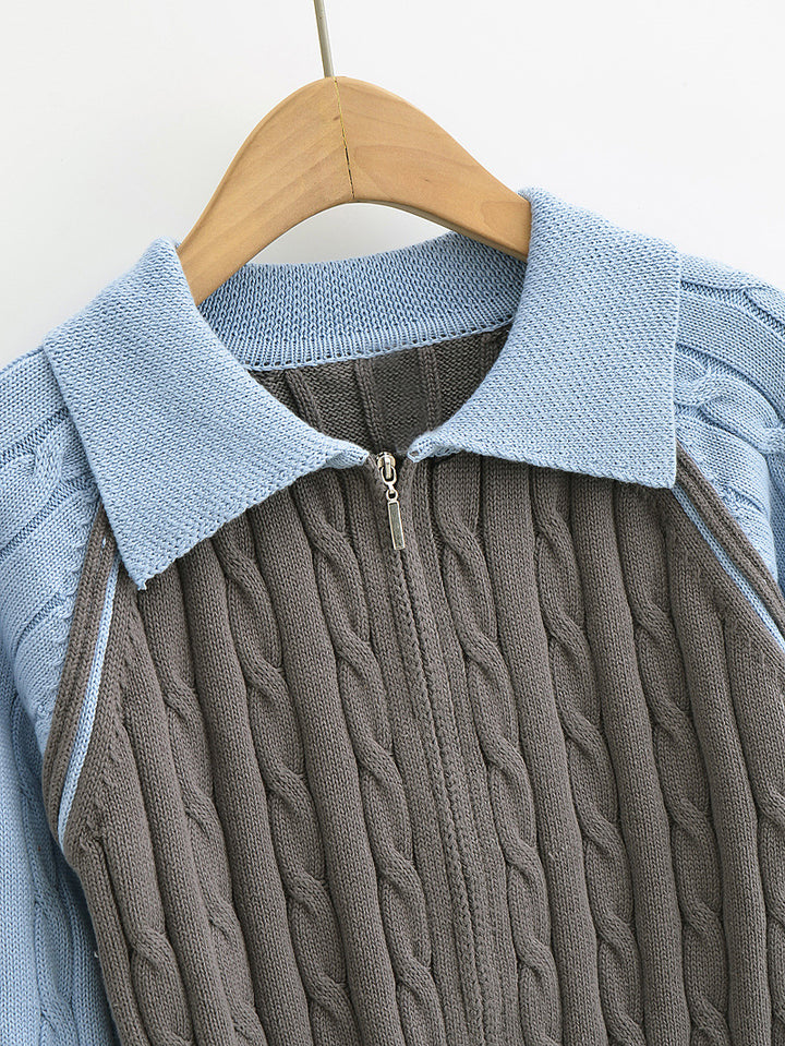 CONTRAST FRONT ZIPPER CABLE KINT CARDIGAN