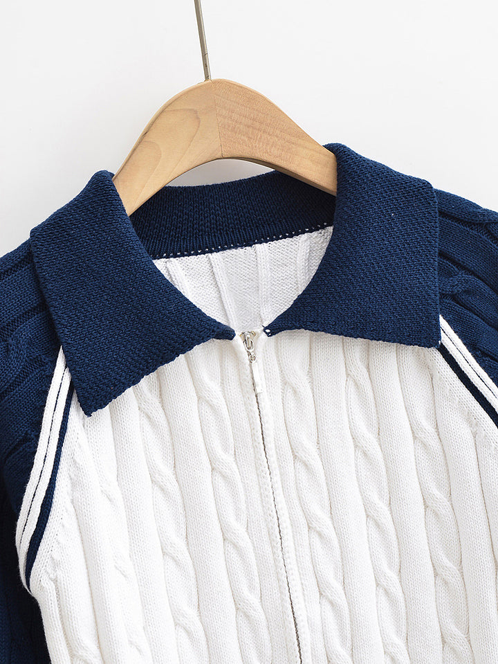 CONTRAST FRONT ZIPPER CABLE KINT CARDIGAN