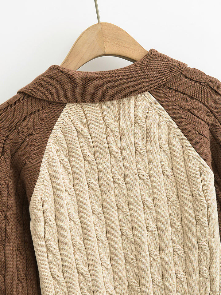 CONTRAST FRONT ZIPPER CABLE KINT CARDIGAN