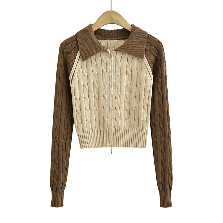 CONTRAST FRONT ZIPPER CABLE KINT CARDIGAN