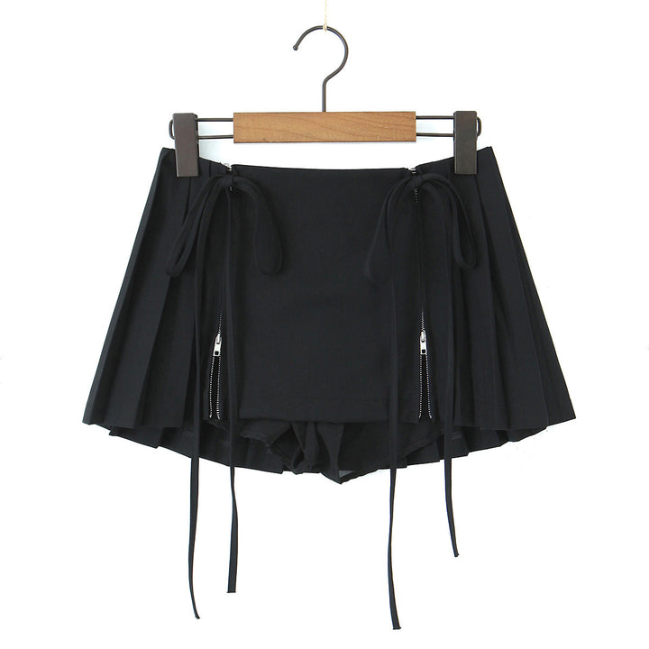 PLEATED TIE FRONT MINI SKIRT