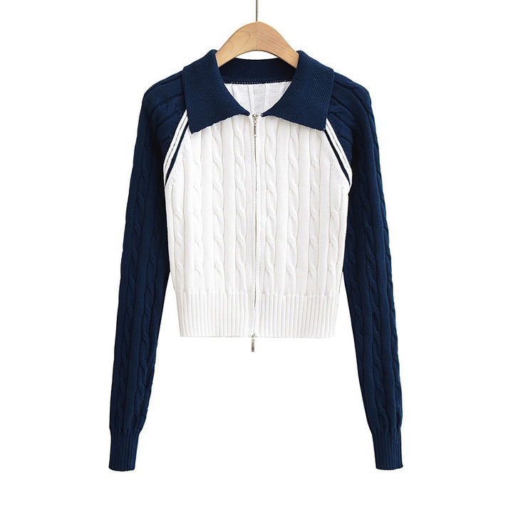 CONTRAST FRONT ZIPPER CABLE KINT CARDIGAN