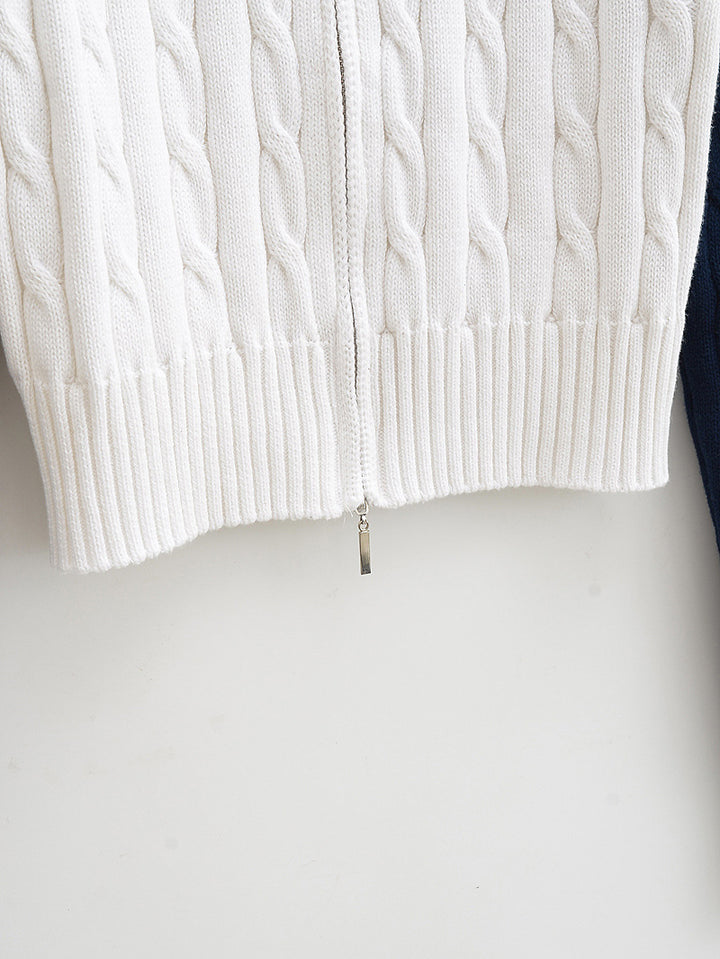 CONTRAST FRONT ZIPPER CABLE KINT CARDIGAN