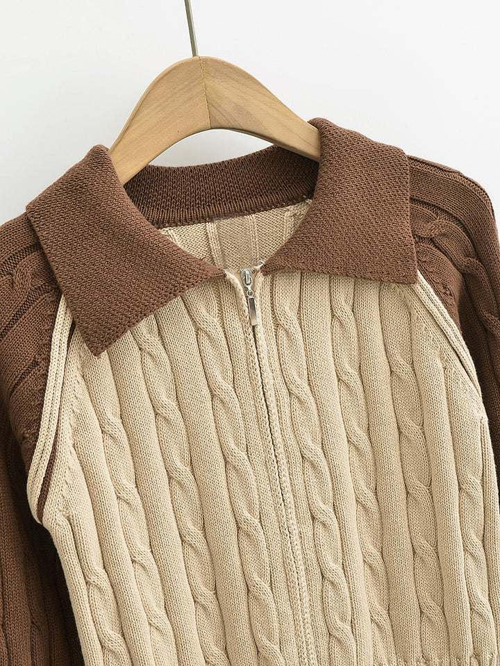CONTRAST FRONT ZIPPER CABLE KINT CARDIGAN