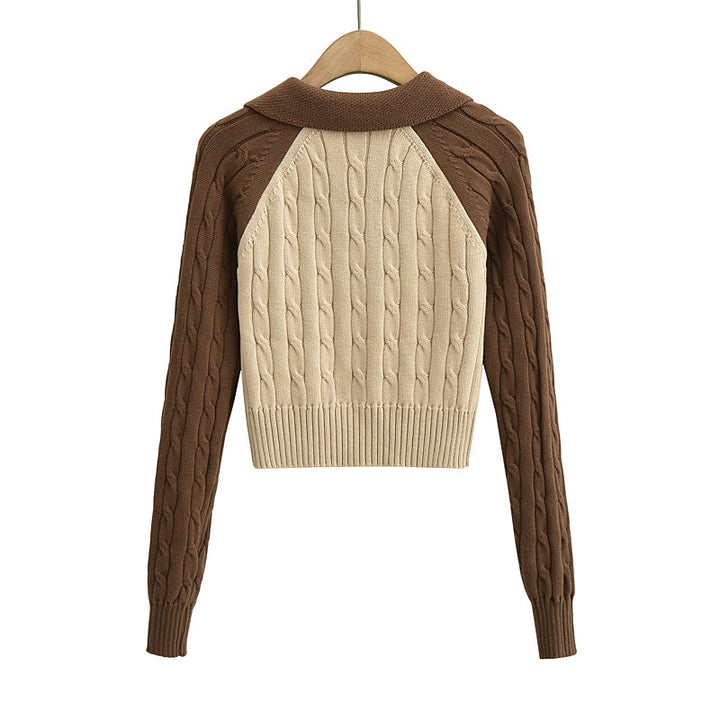 CONTRAST FRONT ZIPPER CABLE KINT CARDIGAN